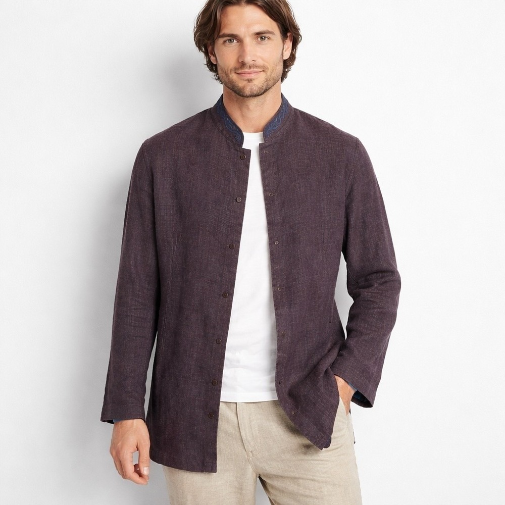 Armand Ventilo Linen Nehru Jacket Mens 42 Purple Mandarin Collar Button Lined